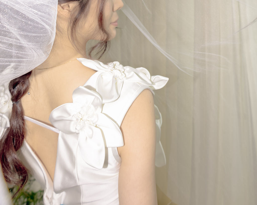 Greta - Satin Fit & Flare with Flower Neckline