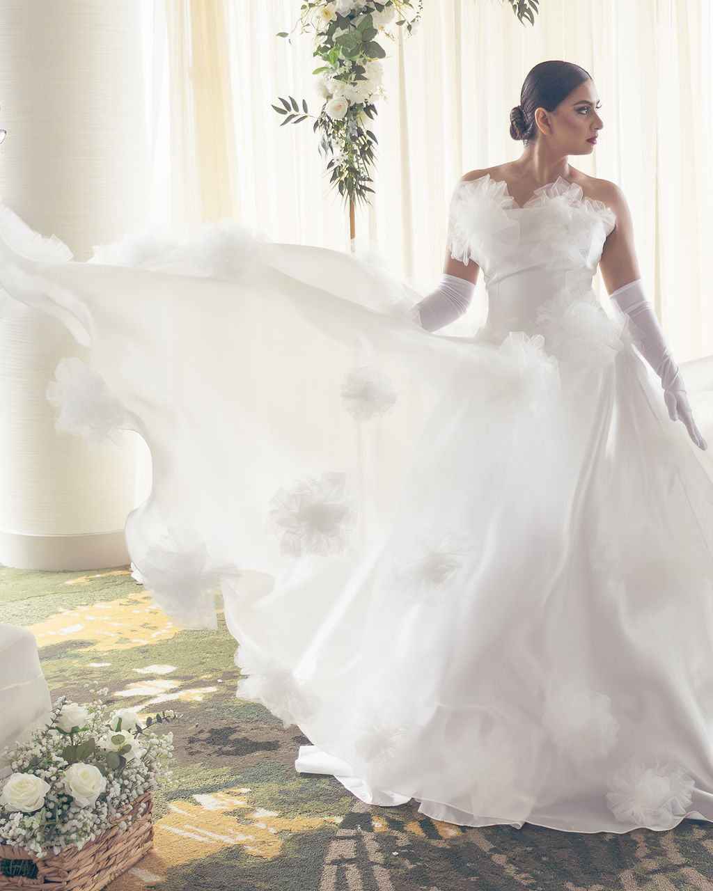 Opera – Full Ballgown in Mikado, Liquid Organza & Tulle Florettes – KL Design Opera – Full Ballgown in Mikado, Liquid Organza & Tulle Florettes – KL Design