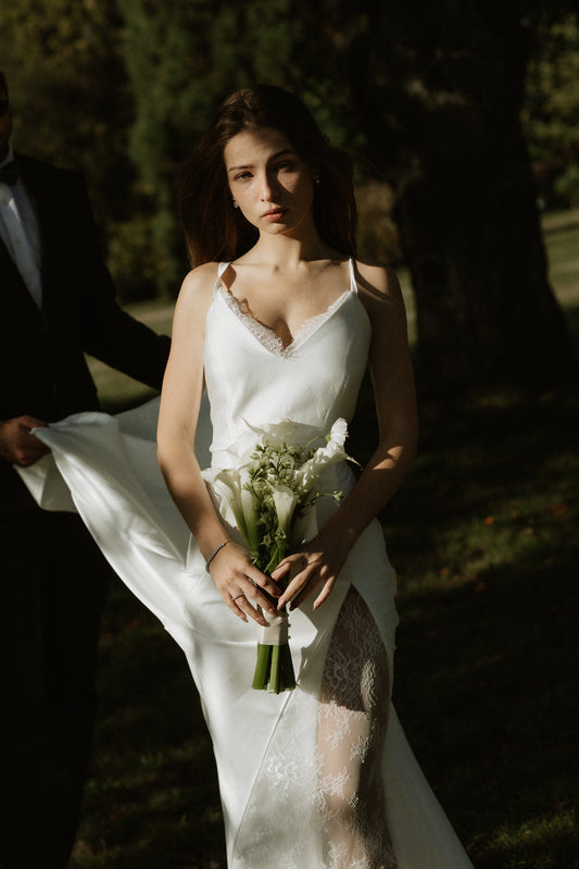 Musica – A-Line Satin with Lace Slit Insert & Detailing