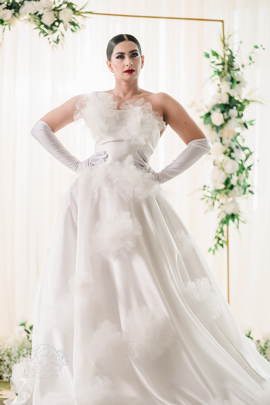 Opera – Full Ballgown in Mikado, Liquid Organza & Tulle Florettes